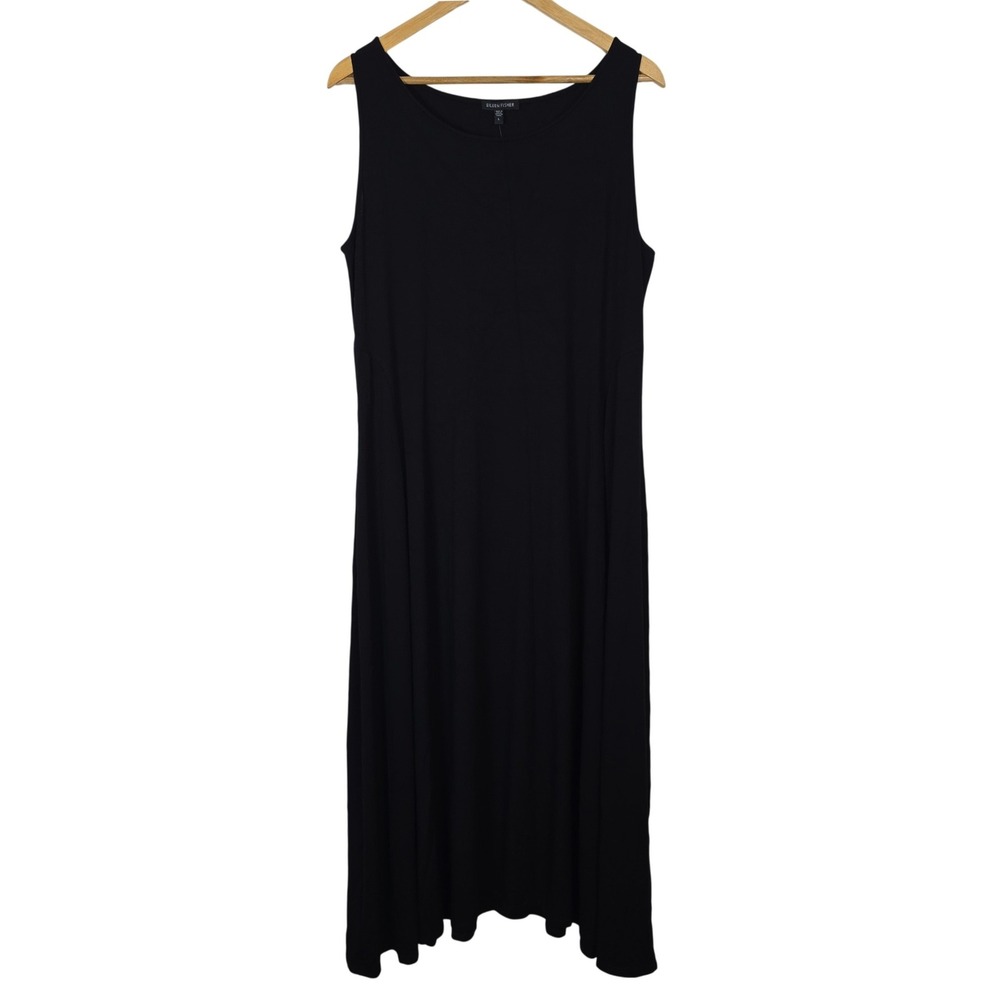 Eileen Fisher Black Viscose Jersey Scoop Neck Maxi Dress L NWT Stretch